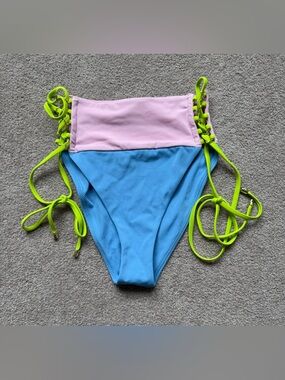 BEACH BUNNY - Traci High Waist Midi Bikini Bottom - PINK BLUE CORNFLOWER FIELDS